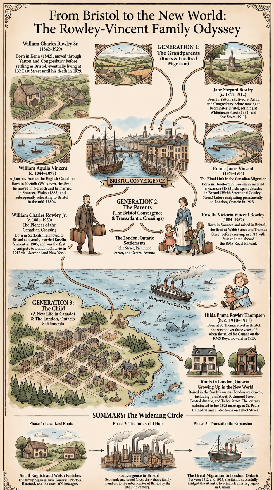 Timeline chart of three generations of the Rowley-Vincent family, from Bristol to London, Ontario