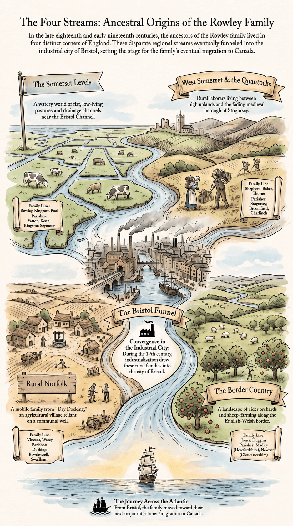 Map of the four ancestral regions — Somerset Levels, West Somerset & the Quantocks, Norfolk, and the Welsh border country — converging on Bristol