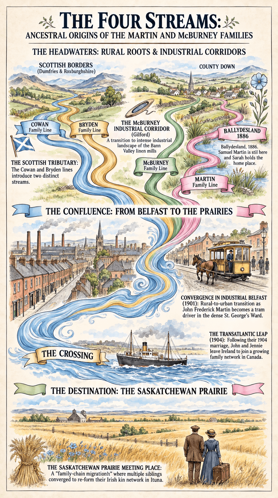 Illustrated map of four family migration streams, one from the Scottish Borders and three from County Down, merging in Belfast and crossing the Atlantic to the Saskatchewan prairie