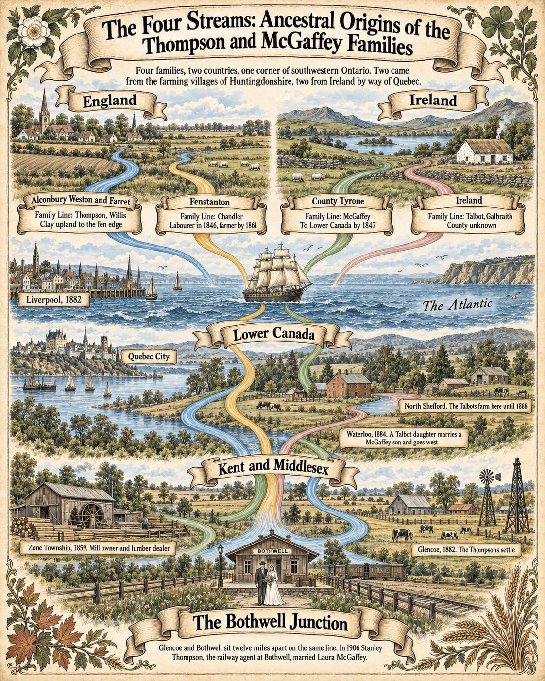 Map of the four ancestral starting points of the Thompson and McGaffey lines — the Huntingdonshire fens, County Tyrone, and Quebec's Eastern Townships — converging on Bothwell, Ontario