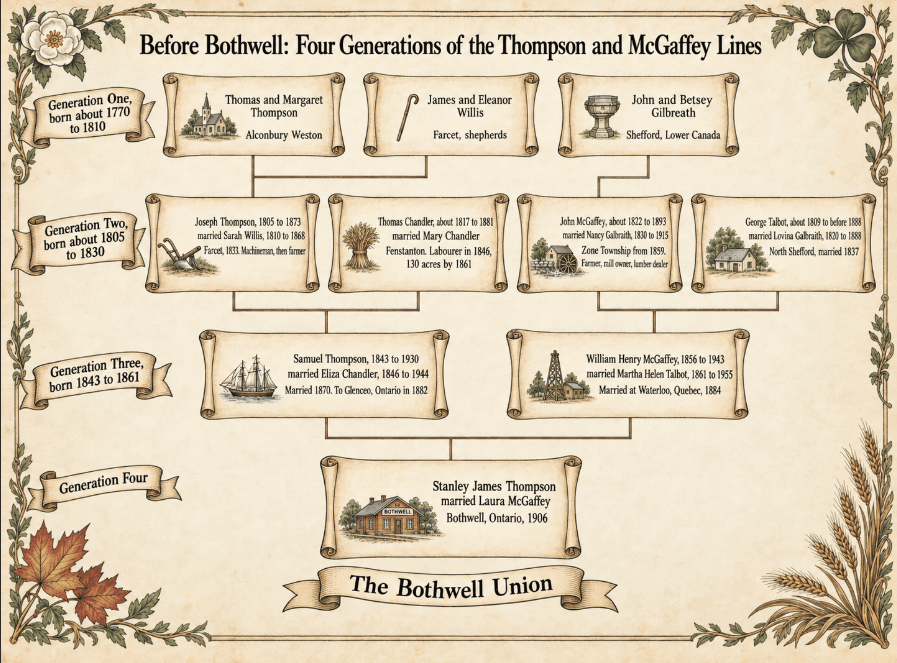 Four-generation chart of the Thompson and McGaffey lines, from Farcet, Fenstanton, Tyrone and North Shefford to the 1906 marriage of Stanley Thompson and Laura McGaffey