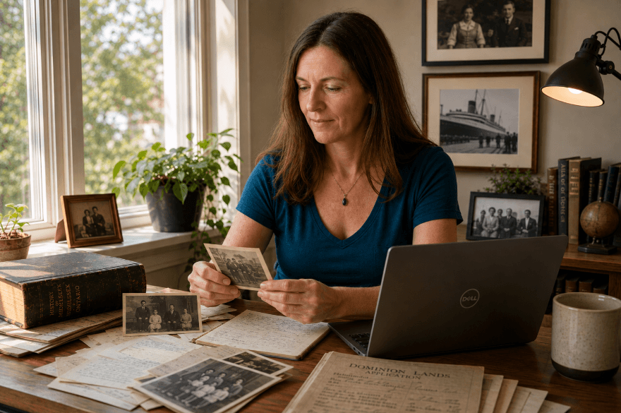 Susan Goebel at her desk reviewing old family photographs and documents, surrounded by framed family portraits