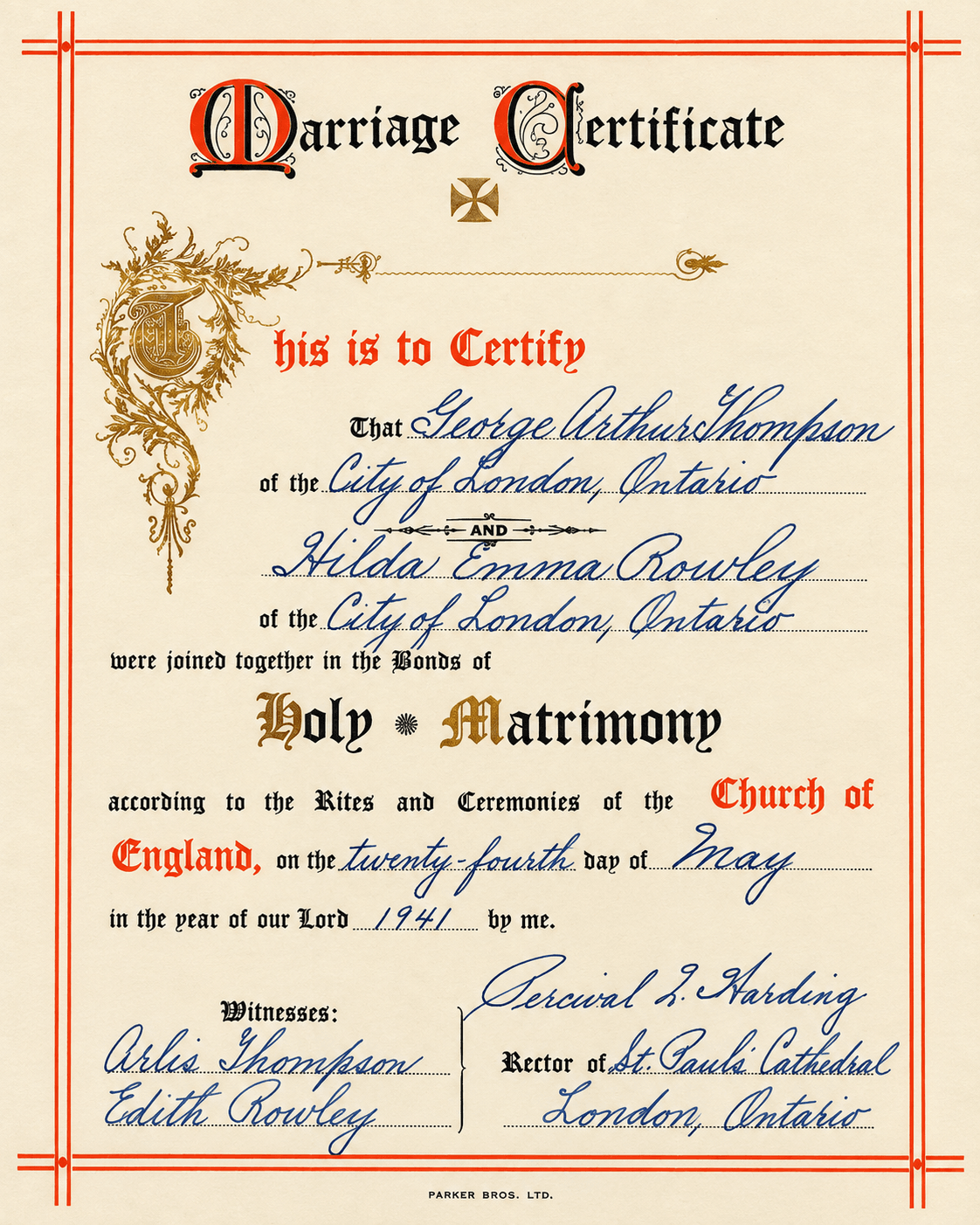 Art and Hilda's marriage certificate