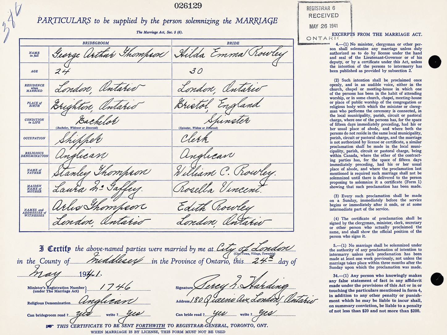 Art and Hilda's marriage certificate