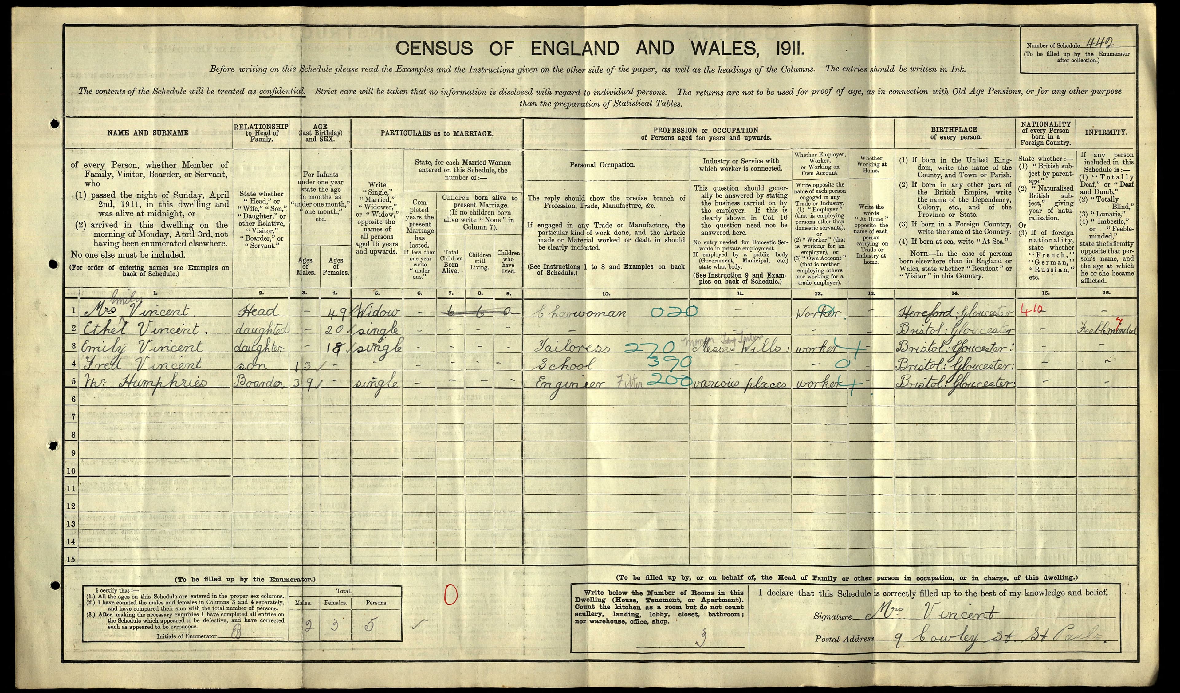 1911 Census entry for Emma Vincent