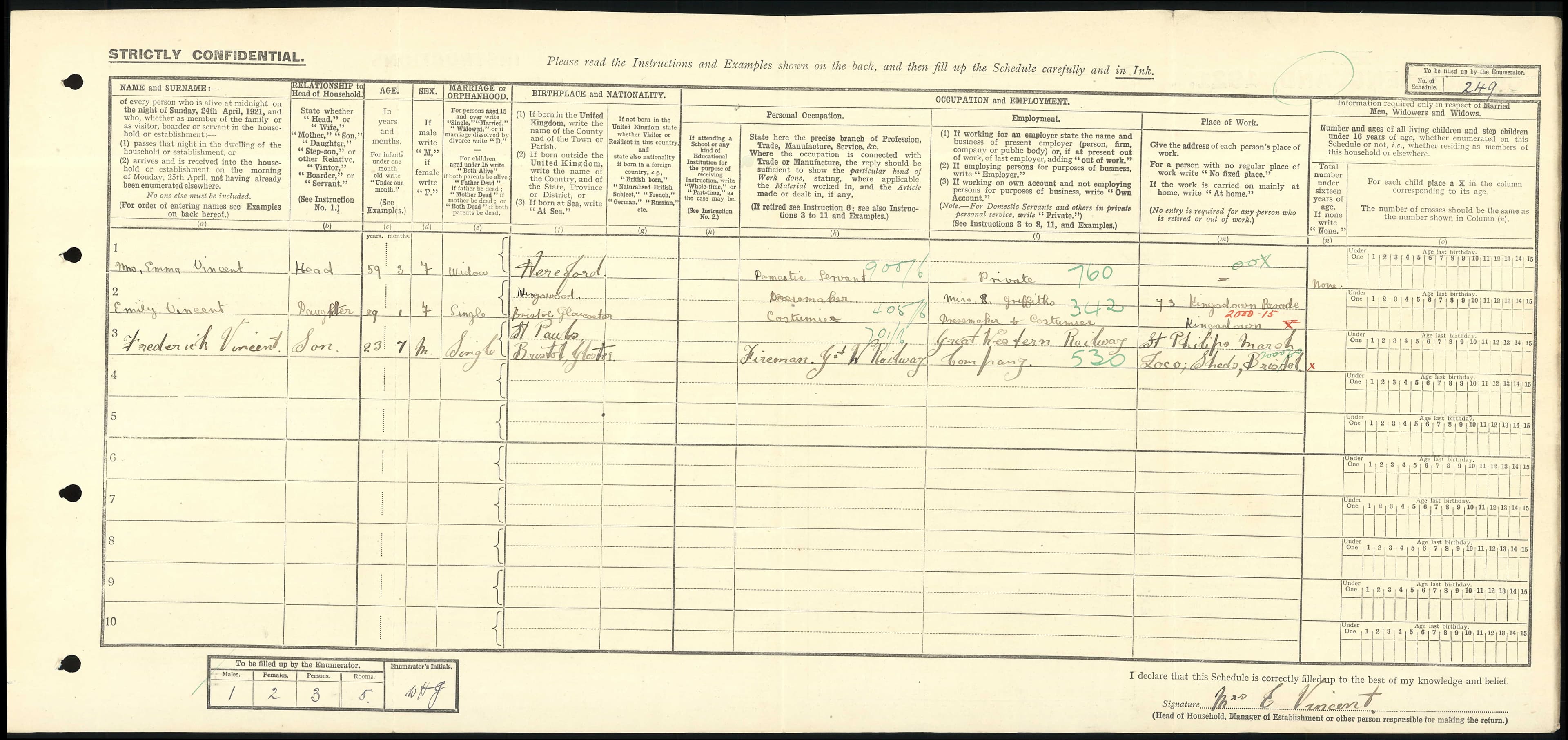 1921 Census entry for Emma Vincent