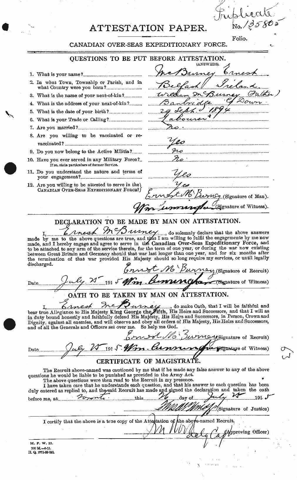 Ernest McBurney's First World War attestation paper