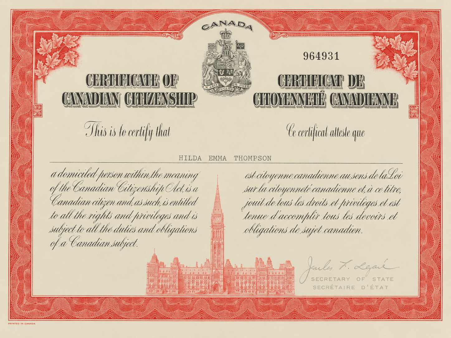 Hilda's Canadian citizenship certificate