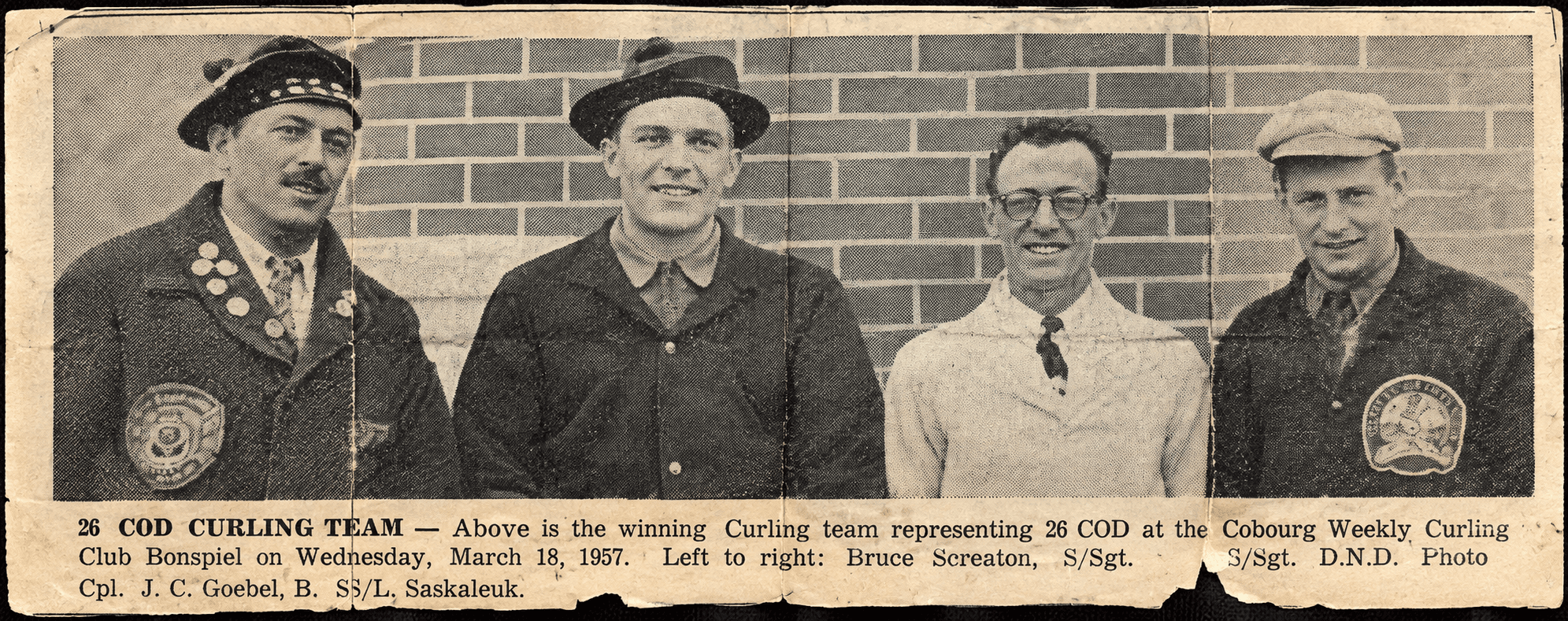 The winning 26 Central Ordnance Depot curling rink, Cobourg Waverley Curling Club, 1957