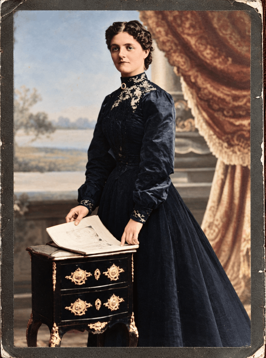 Jennie McBurney in a dress copied from a Paris pattern, colourized