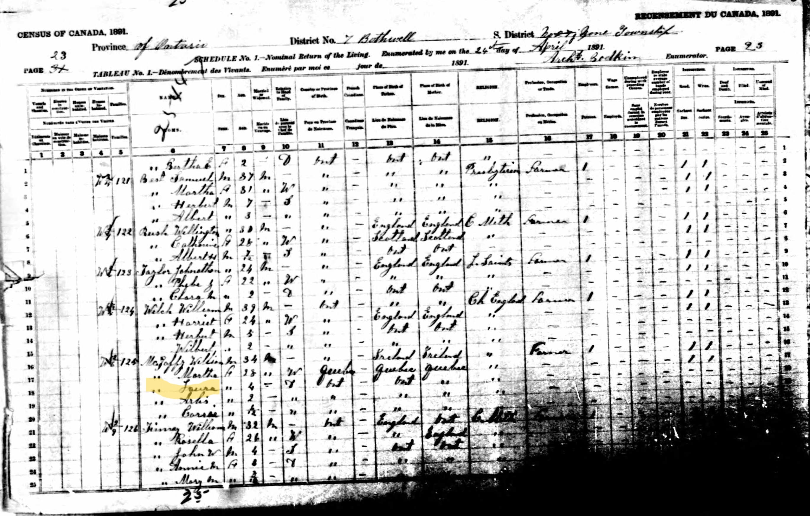 1891 Census entry for the McGaffey family
