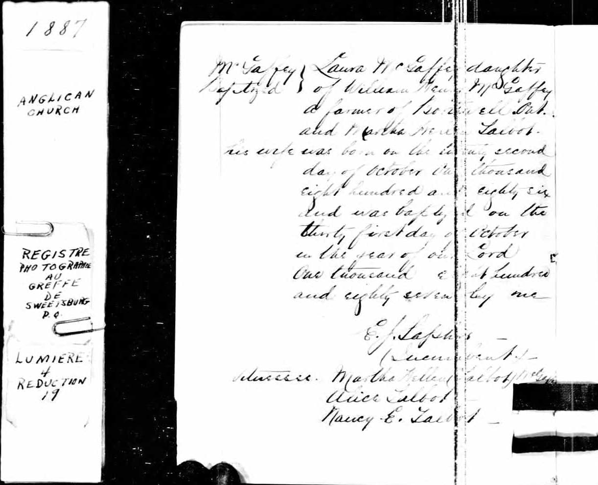 Laura McGaffey's 1887 baptism record