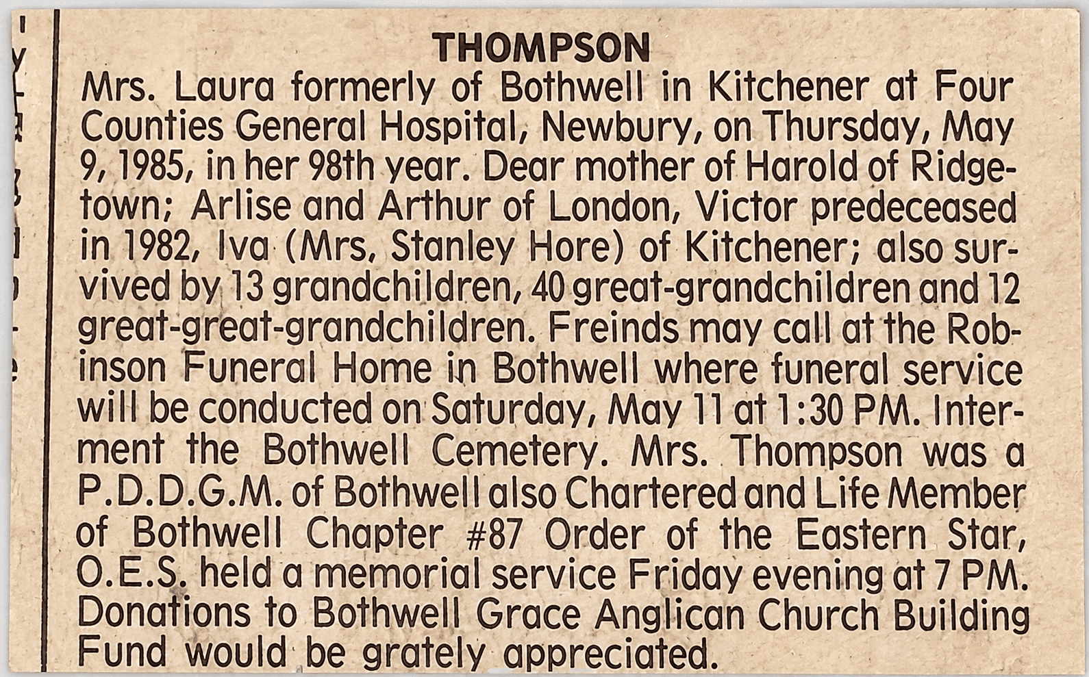 Laura Thompson's published obituary, 1985