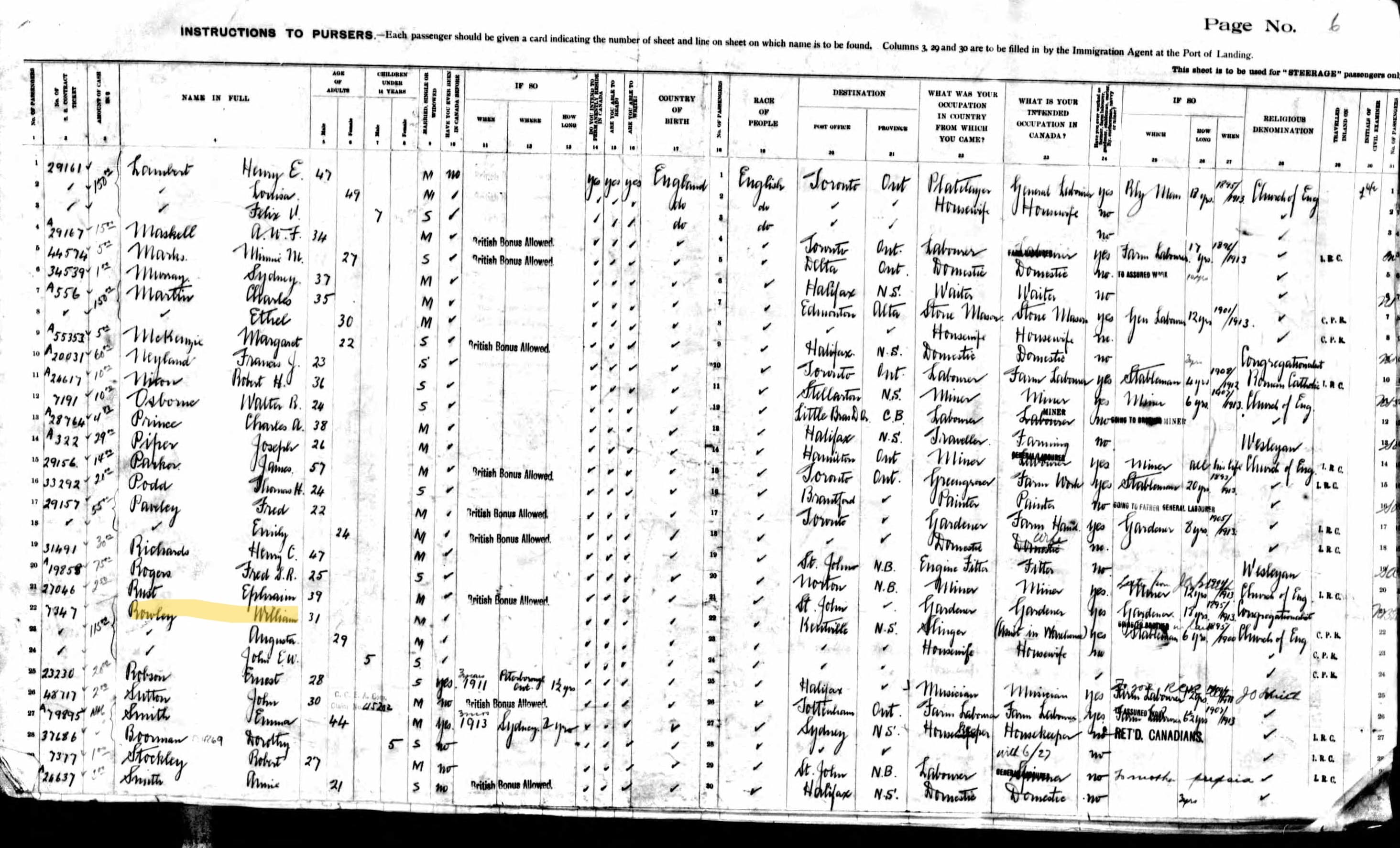 RMS Lusitania incoming passenger list, May 1912