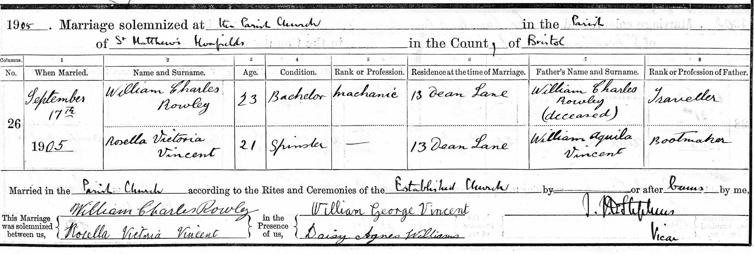 Marriage certificate for Rose and William Rowley, 1905