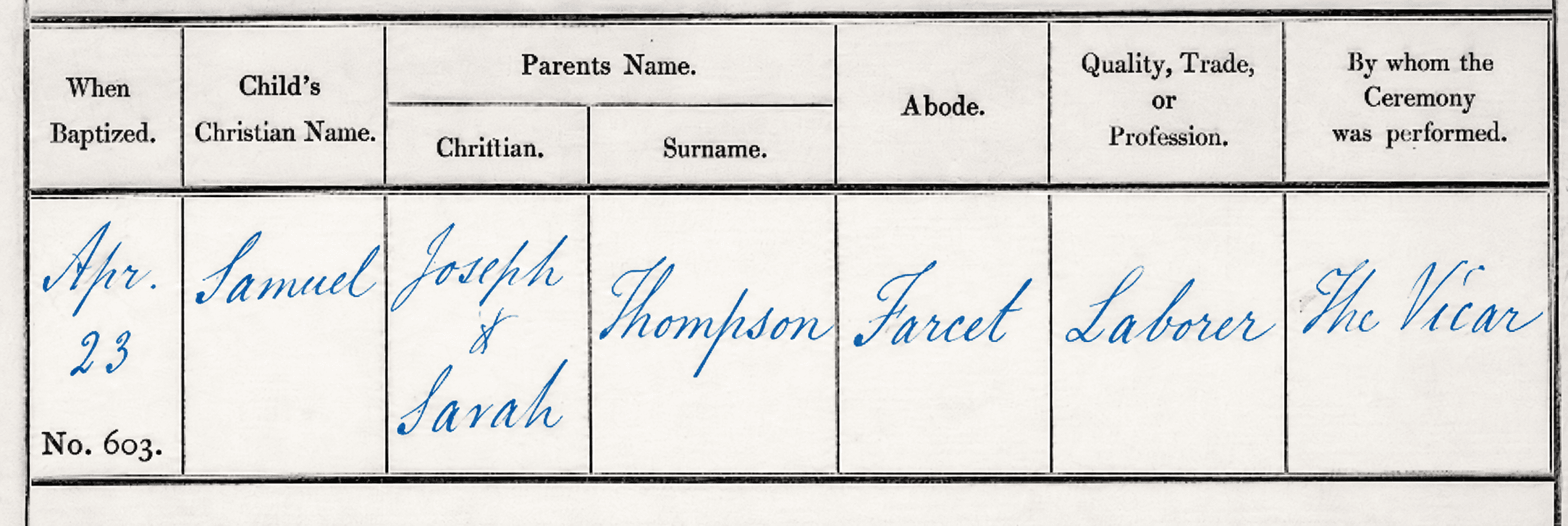 Samuel Thompson's baptism record