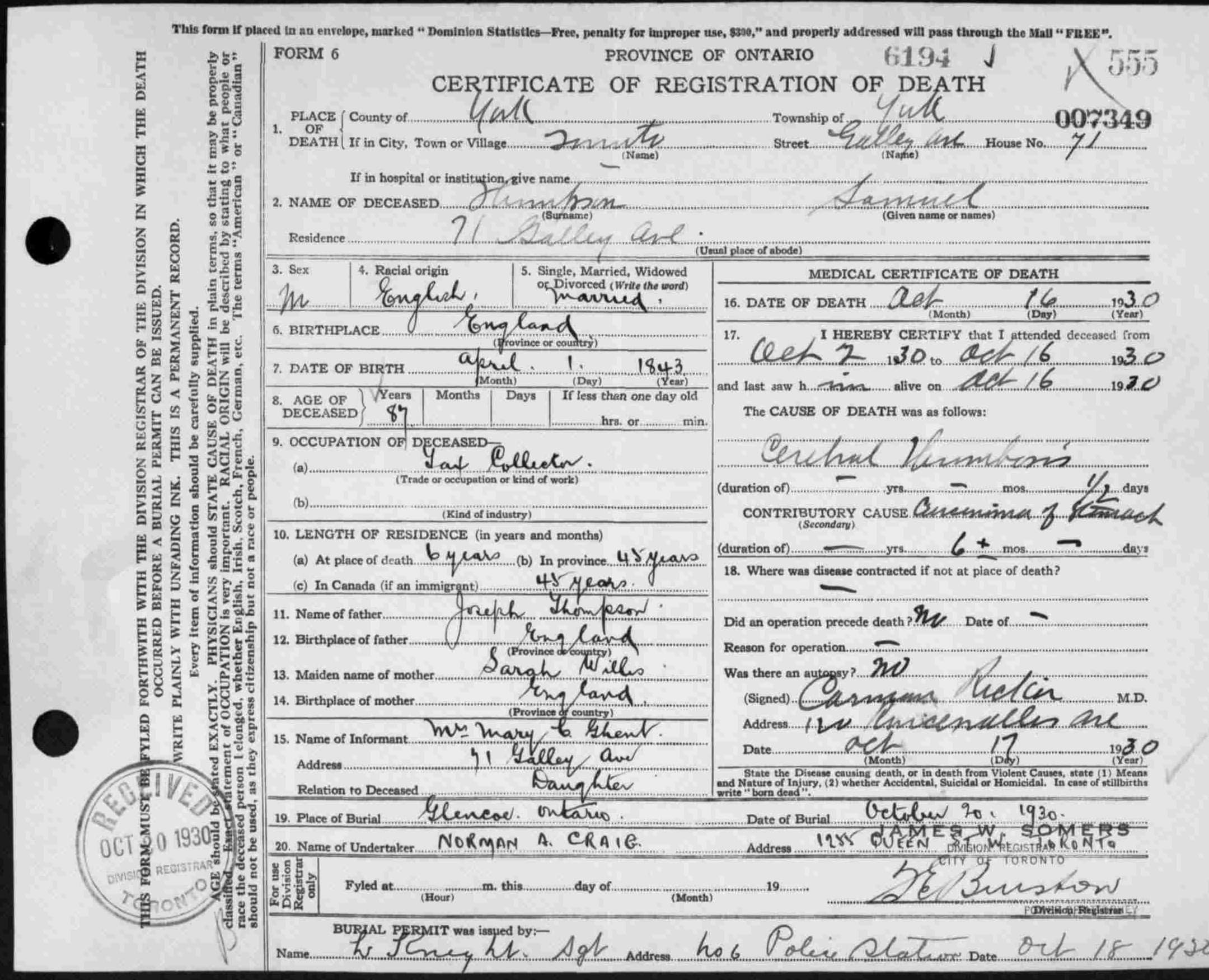 Samuel Thompson's death certificate