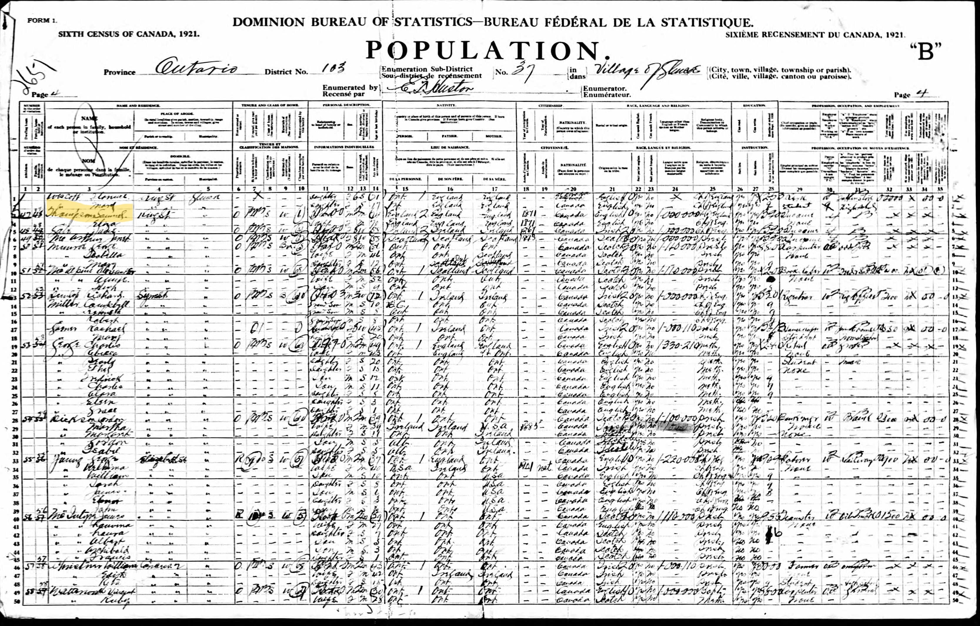1921 Census entry for Samuel and Eliza Thompson