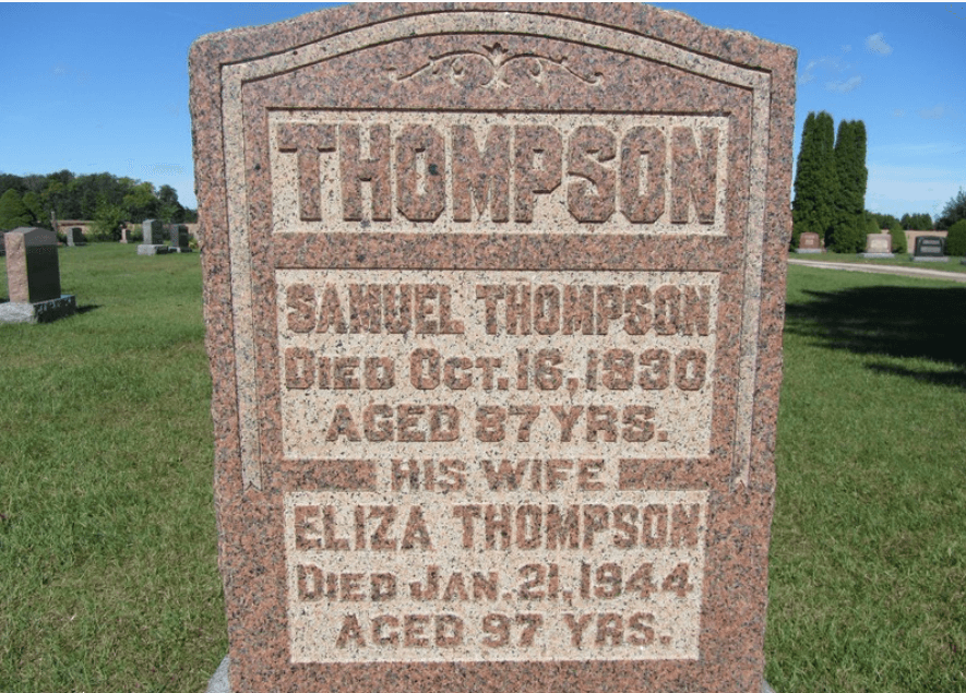 Grave marker for Samuel and Eliza Thompson, Oakland Cemetery, Mosa Township, Ontario