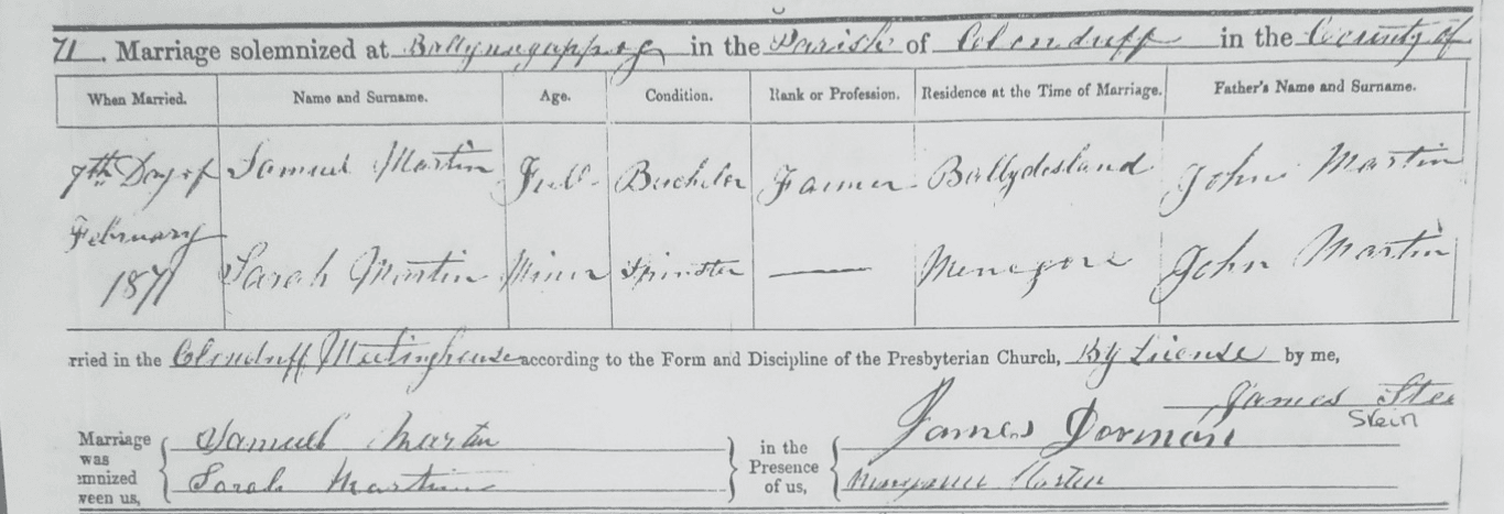 Marriage registration for Samuel and Sarah Martin