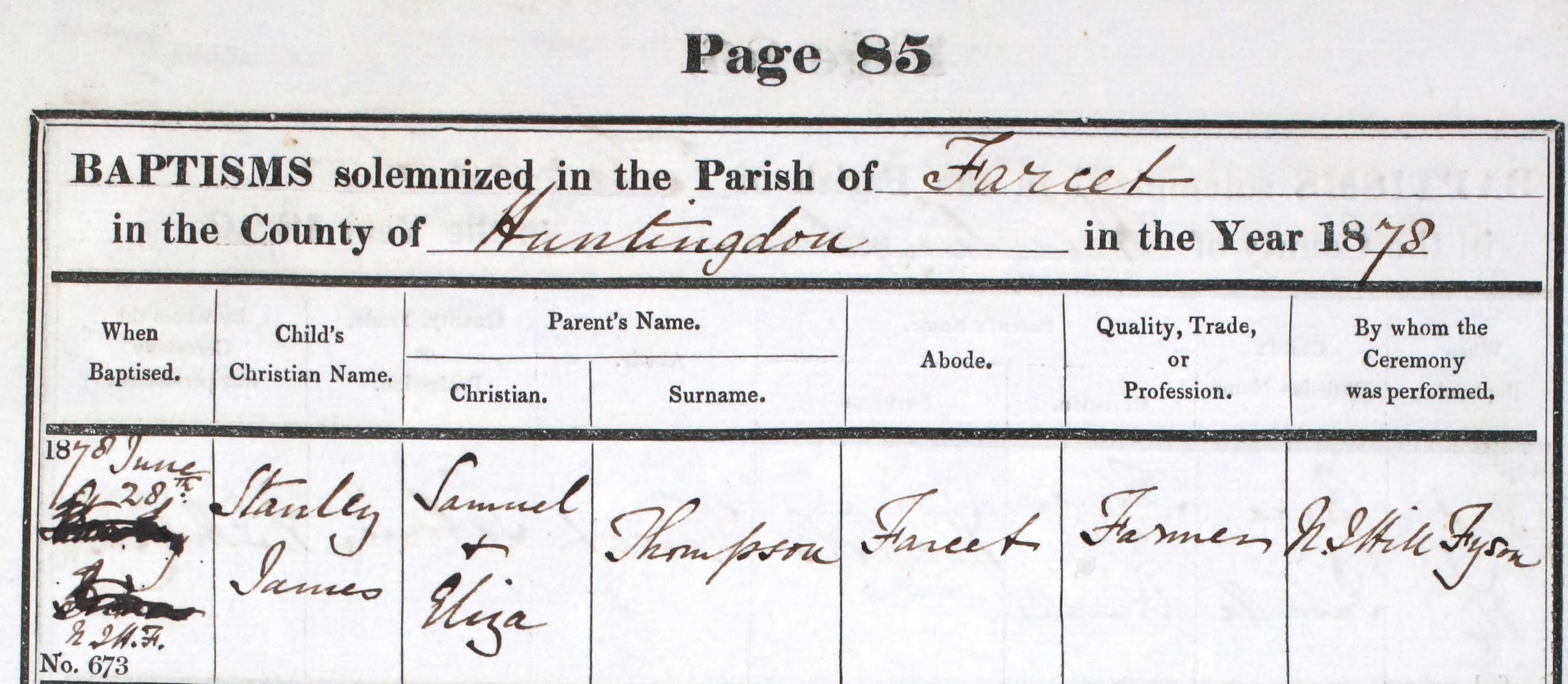 Stanley James Thompson's baptism record