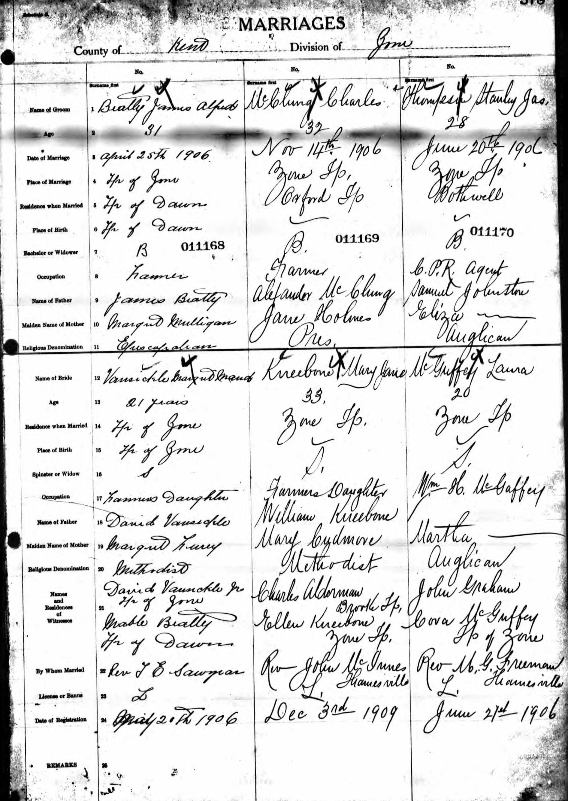 Stanley and Laura's 1906 marriage record