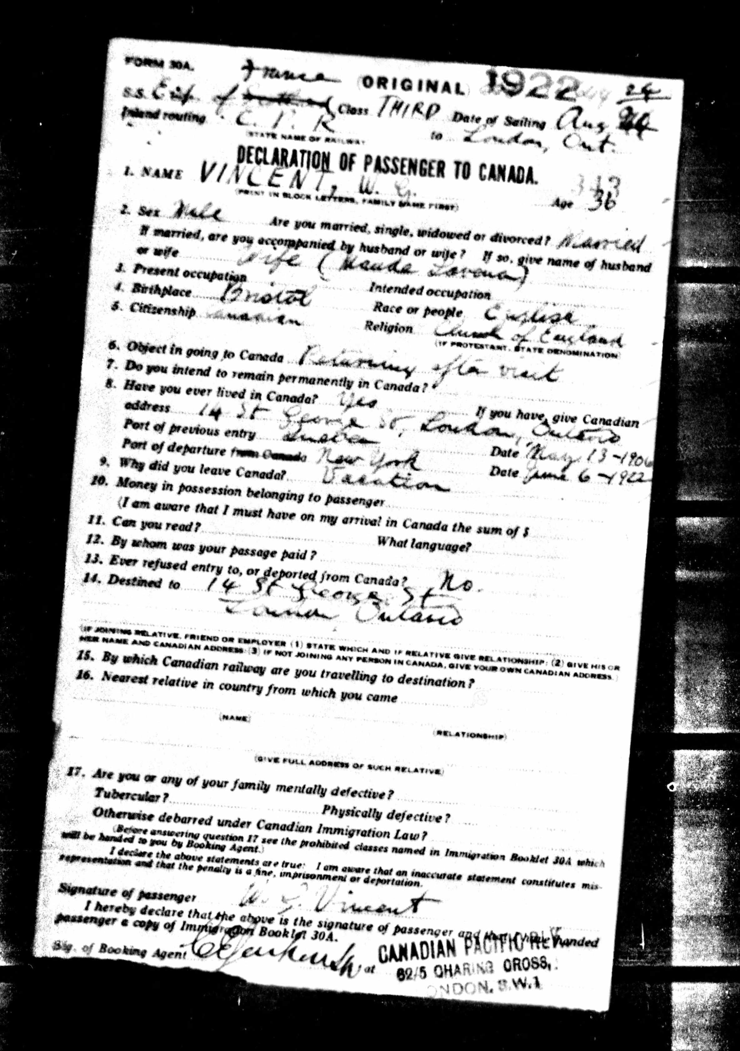 William Vincent 'Uncle Bill' 1922 travel document