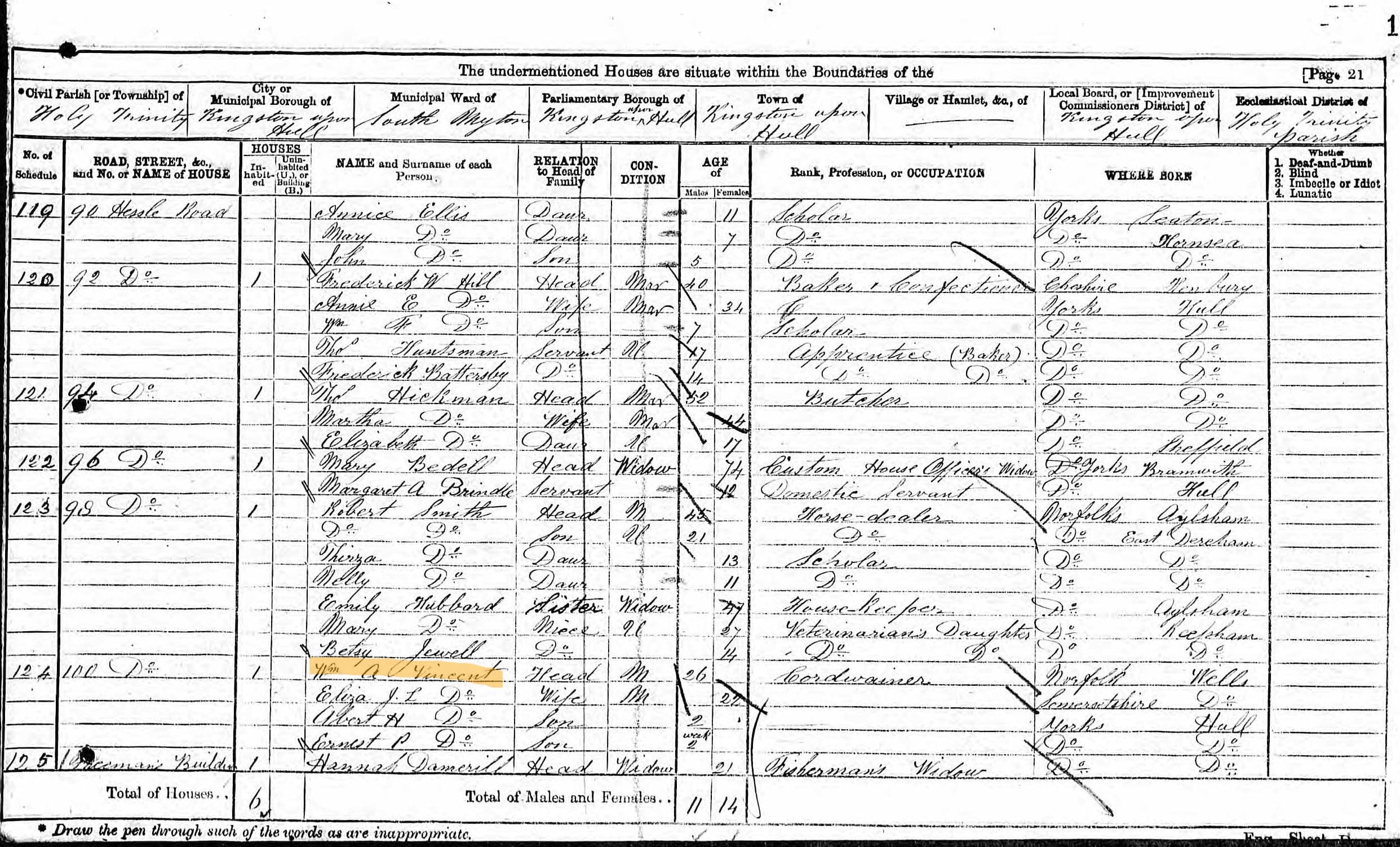 1871 Census entry for William A. Vincent