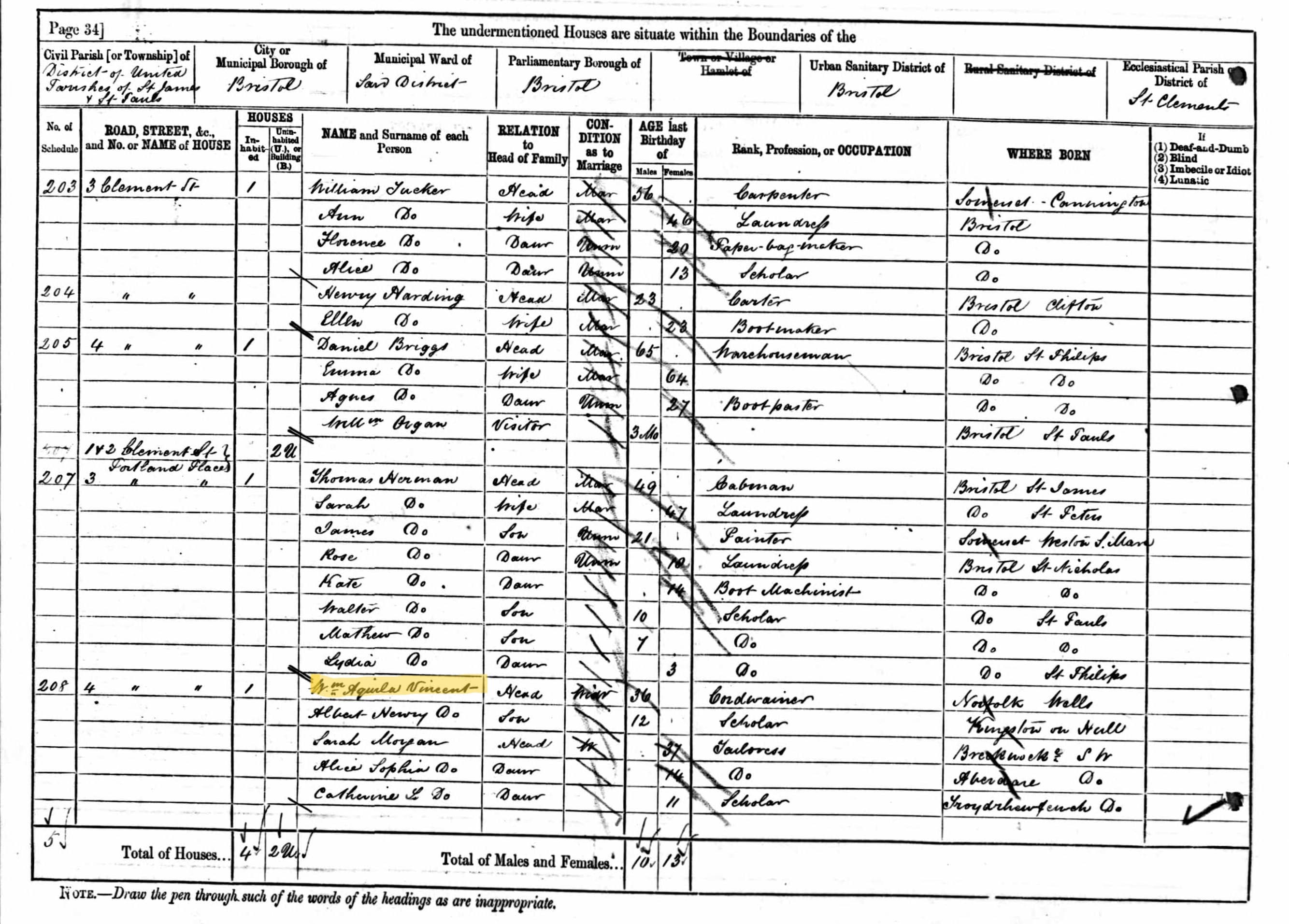 1881 Census entry for William A. Vincent