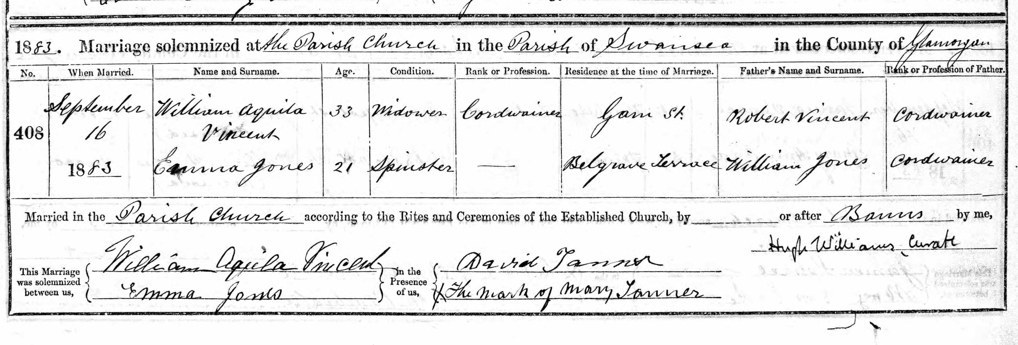 Marriage record for William and Emma, 1883