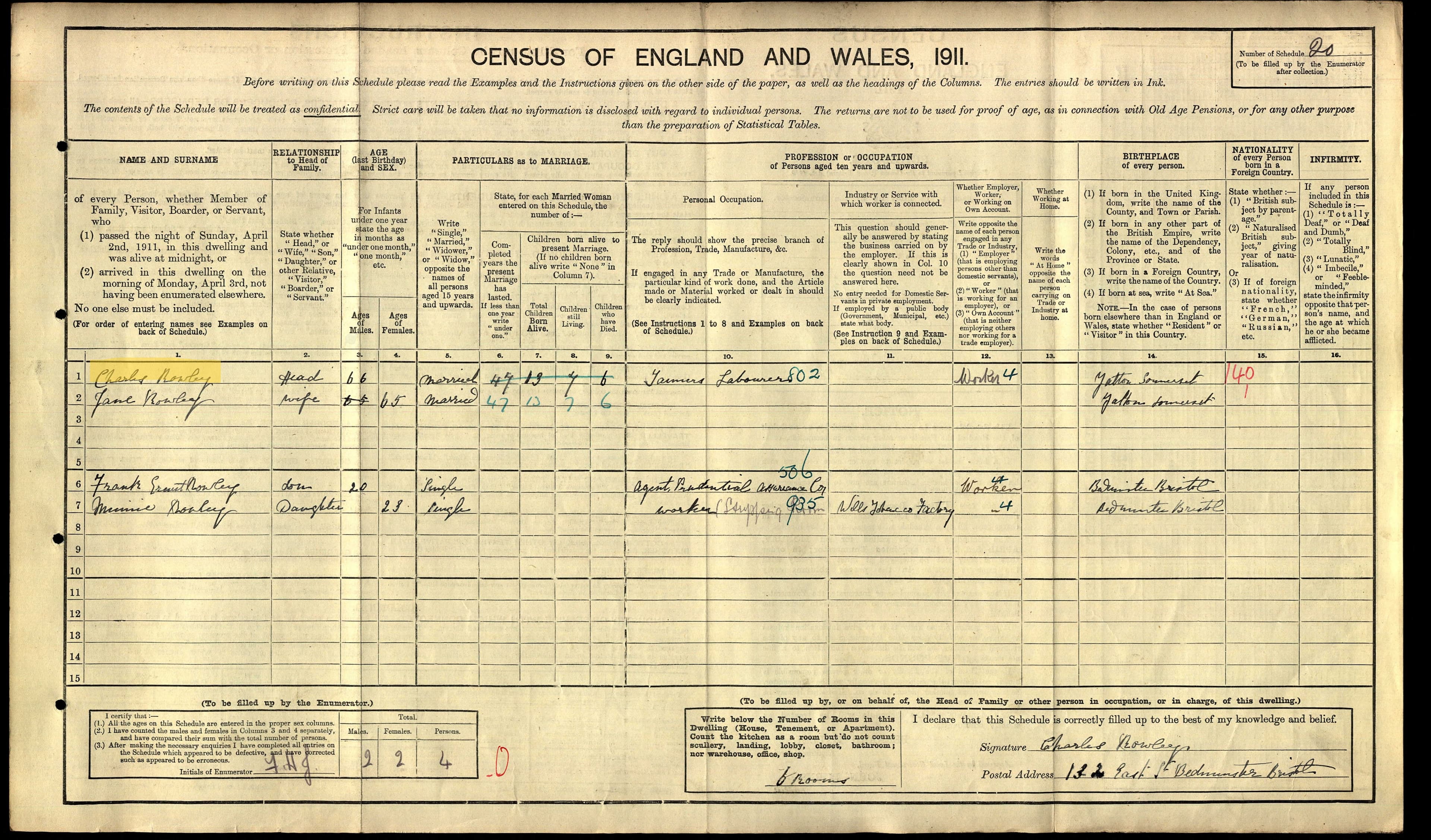 1911 Census entry for Charles Rowley