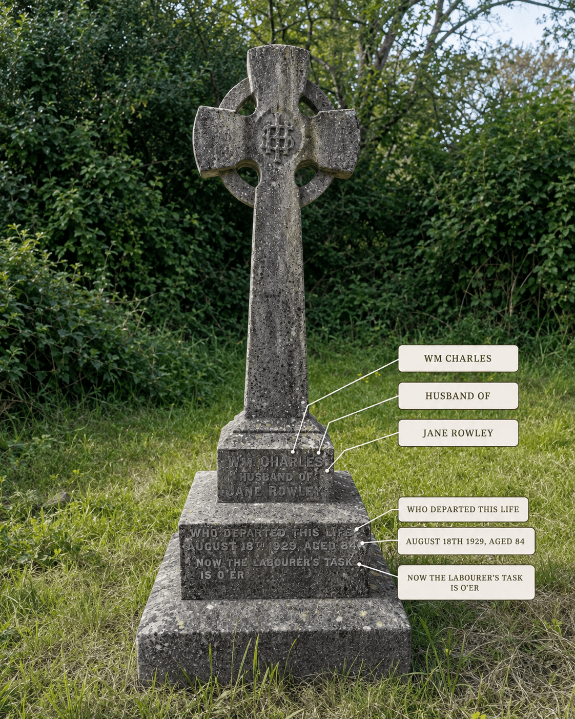 Grave marker for William Charles Rowley Sr., a tall Celtic cross inscribed "Now the labourer's task is o'er"