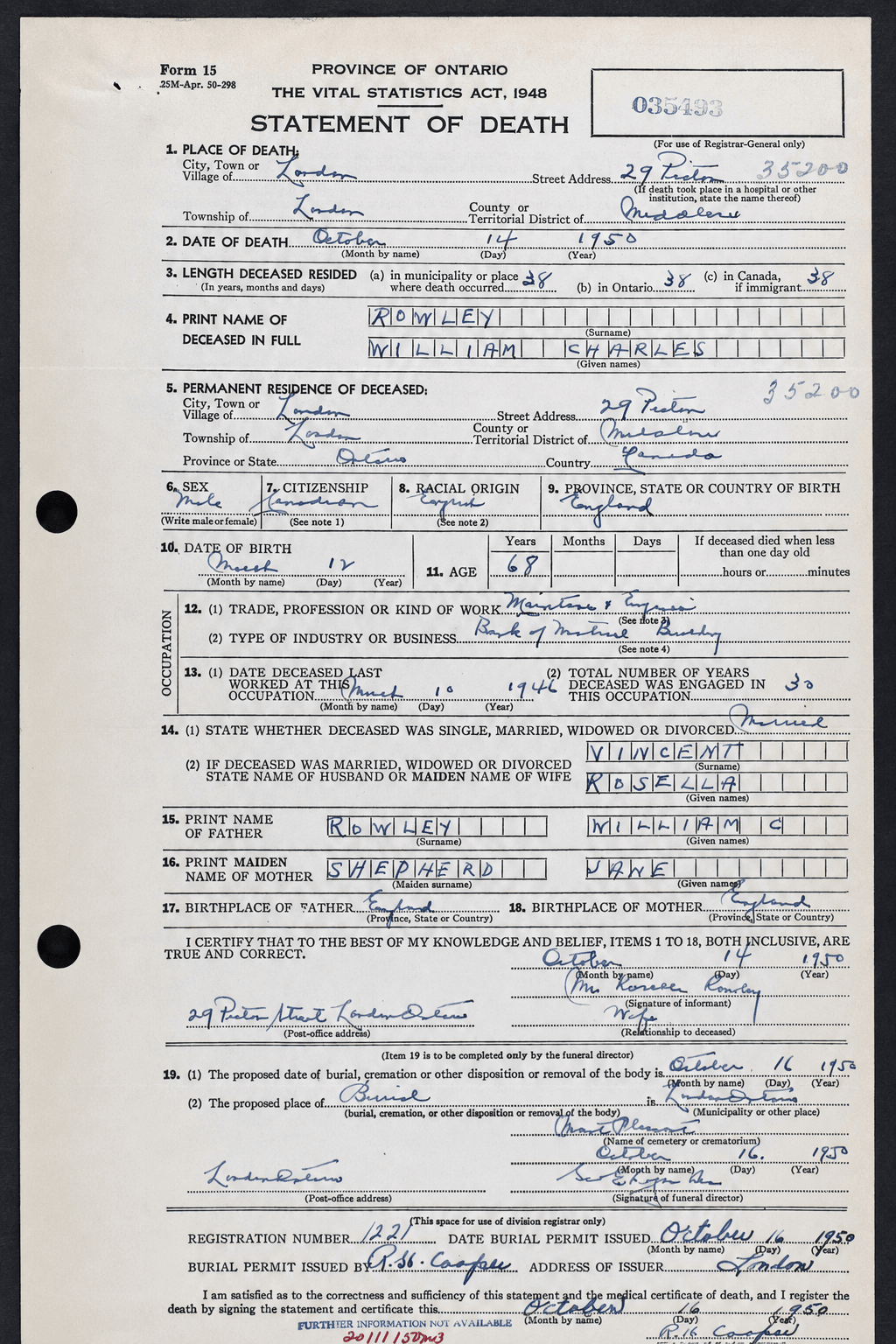William Charles Rowley death certificate
