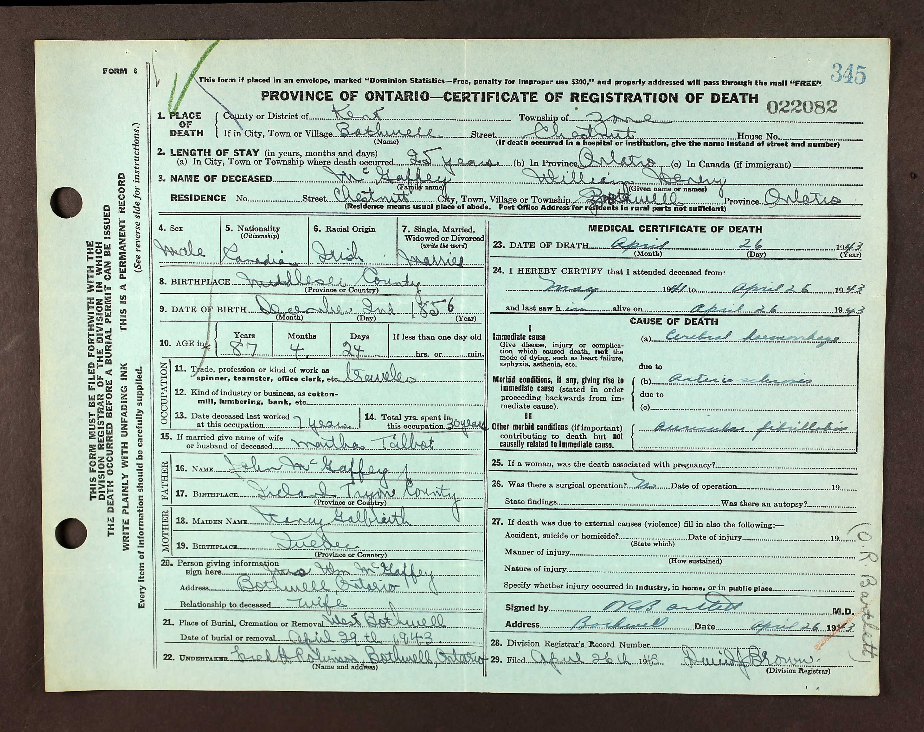 William Henry McGaffey's death certificate